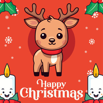 Vector Pleasing Baby Deer, Moose, Reindeer: Happy Winter Holiday as Cartoon Characters