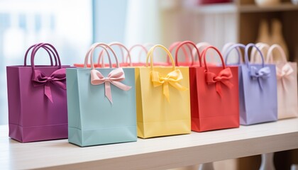 Christmas shopping bags with pastel colors on solid background   gift ideas and copy space available