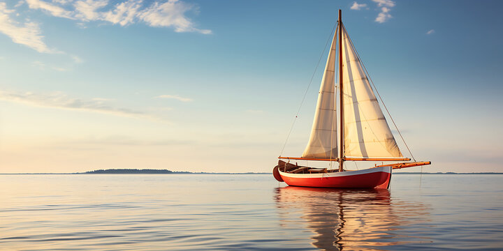 A boat on the water with a sunset in the background, Wooden sailboat on a lake vintage style toned picture