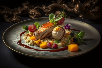 Pork with gnocchi decorated with fruit