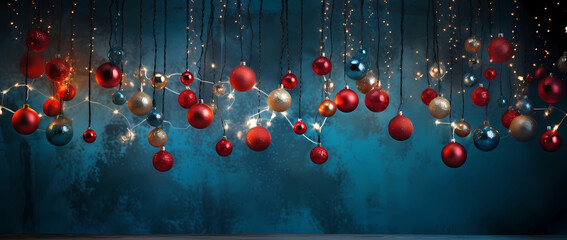 Twinkling Festive Elegance: Christmas Tree with Glistening Baubles and Soft Shiny Lights Background