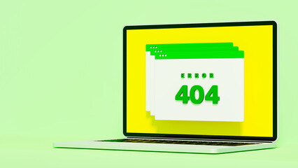 404 error messages appear on laptop on green stage, connection technical problems, 3d illustration