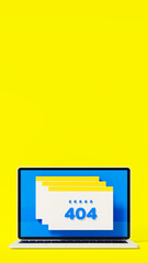 yellow stage with laptop showing 404 error messages, technical and connection problems, 3d rendering