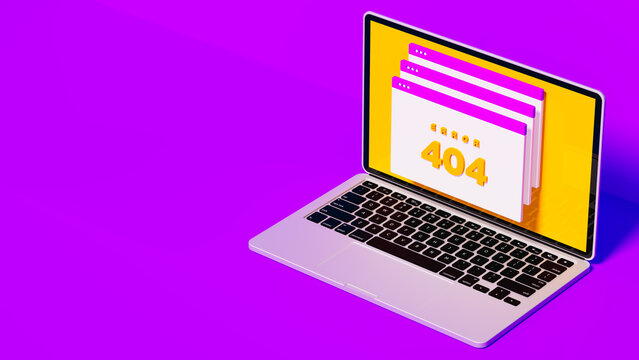three 404 error messages coming out of laptop screen on purple stage, connection problems