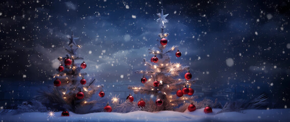 Naklejka premium Twinkling Festive Elegance: Christmas Tree with Glistening Baubles and Soft Shiny Lights Background