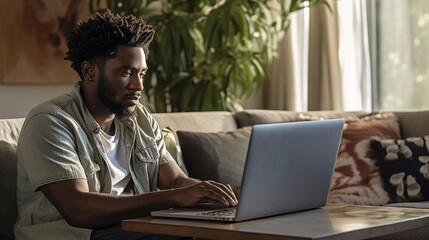 African man siting in sofa using his laptop on a wooden table, businessman working on laptop in living room.