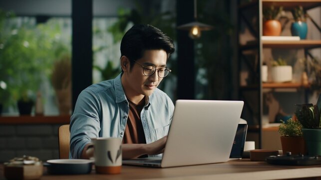 Asian man wearing glasses siting working on his laptop in wooden table, businessman using laptop, student in collage.