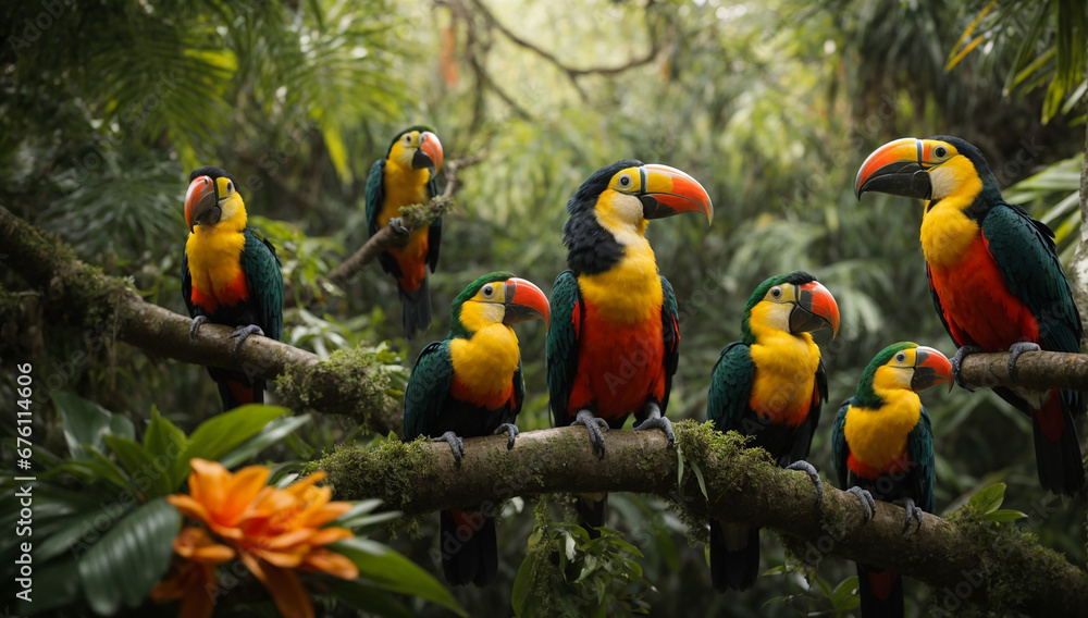 Poster exotic toucans and parrots perched on tree branches in the jungle - ai generative