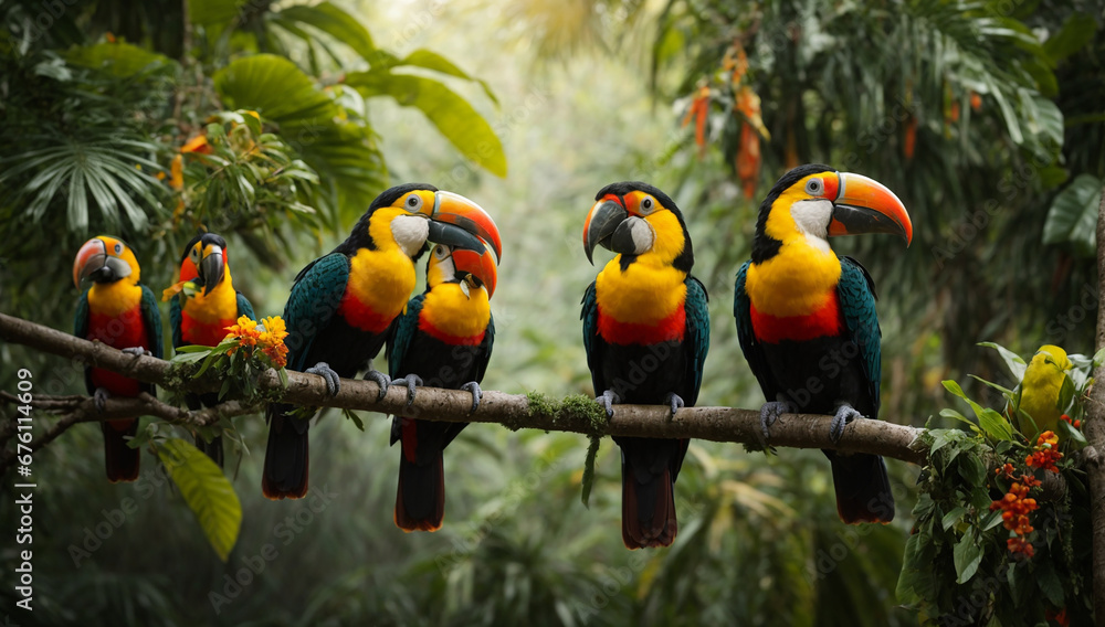 Poster exotic toucans and parrots perched on tree branches in the jungle - ai generative