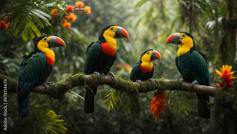 Poster exotic toucans and parrots perched on tree branches in the jungle - ai generative