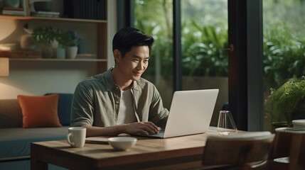 Asian man wearing glasses siting in living room working on his laptop in wooden table, businessman using laptop, student in collage.