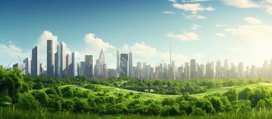 Fototapeta premium The background of the city was surrounded by a lush forest with green trees and leaves rustling in the light of the sun creating a soothing and natural environment that blended seamlessly w