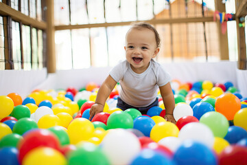 Fototapeta na wymiar A Joyful Baby in a Colorful Ball Pit Surrounded by Playful Balls