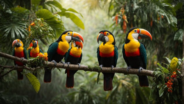 Exotic toucans and parrots perched on tree branches in the jungle - AI Generative