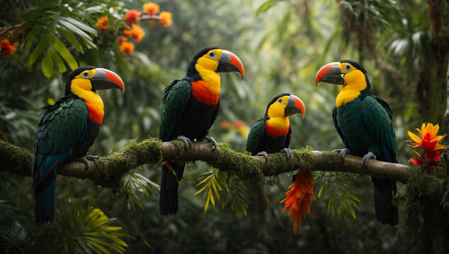 Exotic toucans and parrots perched on tree branches in the jungle - AI Generative