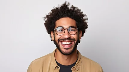 Fotobehang Man smiling wearing glasses and jacket with curly hair isolated in white background. © Yacine