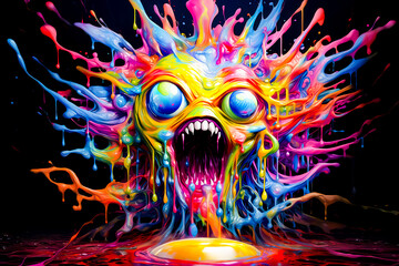 Painting of monster with its mouth open and colorful paint splatters all over it.