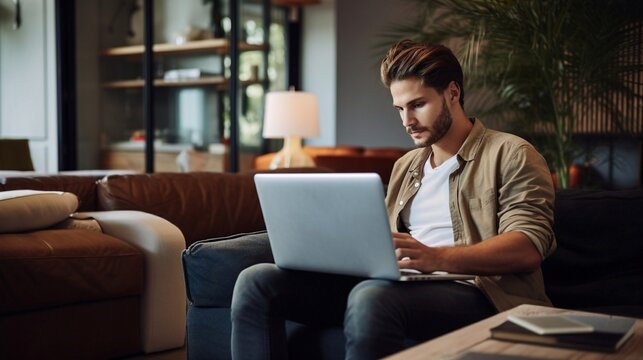 young man wearing jacket siting in couch sofa using his laptop, businessman working on laptop in living room.