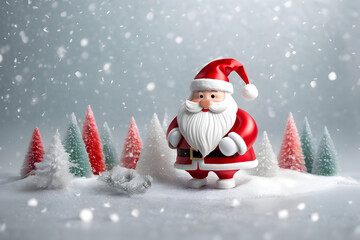 Realistic 3d decorative toy figurine of a little cute Santa Claus in Christmas decorations. Christmas winter holiday composition. Generative AI.
