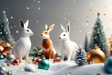 Realistic 3d decorative little cute hares in Christmas decorations. Christmas winter holiday composition. Generative AI.