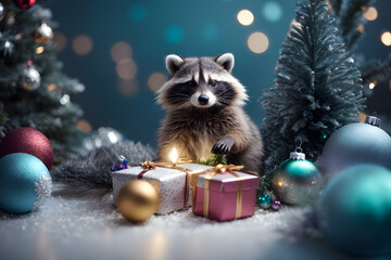 Realistic 3d decorative little cute raccoon in Christmas decorations. Christmas winter holiday composition. Generative AI.