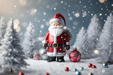 Naklejka na ściany i meble Realistic 3d decorative toy figurine of a little cute Santa Claus in Christmas decorations. Christmas winter holiday composition. Generative AI.