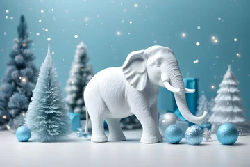 Zelfklevend Fotobehang Olifant Realistic 3d decorative toy figurine of a little cute elephant in Christmas decorations. Christmas winter holiday composition. Generative AI.