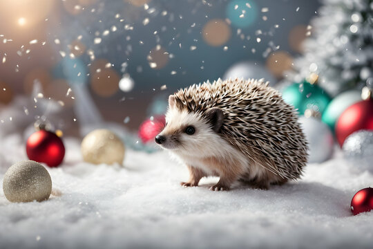 Realistic 3d decorative little cute hedgehog in Christmas decorations. Christmas winter holiday composition. Generative AI.