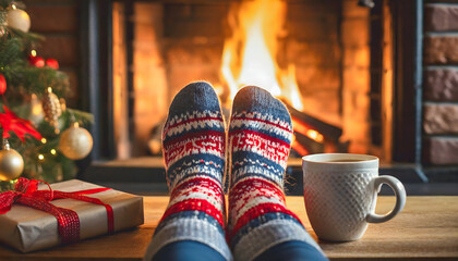 Feet in wool socks by the Christmas fireplace - Woman relaxes by warm fire with candles with a cup of hot chocolate - cozy xmas winter night  - obrazy, fototapety, plakaty