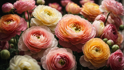 Exquisite and delicate ranunculus, with their layers of tightly packed petals in various colors - AI Generative