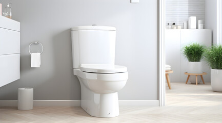 Fototapeta na wymiar Sleek white ceramic toilet in a clean bathroom setting, showcasing modern hygiene elegance.