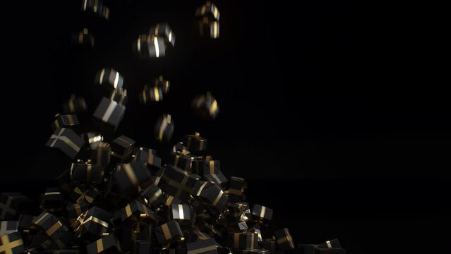 Falling black gift boxes tied with gold ribbons on black background. Luxury treat, present, shopping, black friday sale and retail concept digitally generated video.