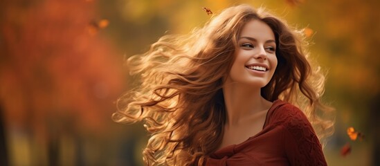 Naklejka premium The background of the stunning landscape in the park accentuated the beauty of the woman with flowing hair as she smiled radiating happiness and captivating the people around her making her