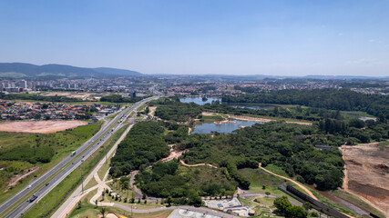 Aerial view of Parque da Cidade in the city of Jundiai, Sao Paulo, Brazil. Park with a dam.