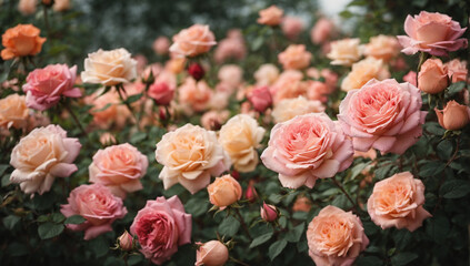 Exquisite and delicate rose garden, with a variety of fragrant blooms in different colors - AI Generative