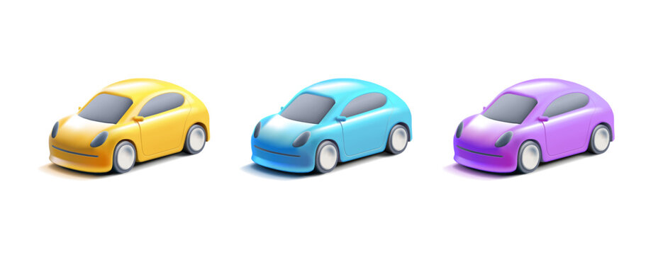 Set of modern multi-colored passenger 3d cars. Isometric image for advertising and design of auto services, travel, delivery, and car purchase and rental.