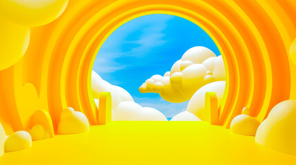 Fototapeta na wymiar Yellow arch with clouds and blue sky in the background is shown.