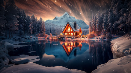 Cozy little wooden house in the forest by the lake in the snowy Alps, Generative AI illustration