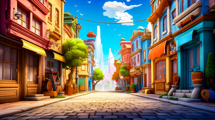 Cartoon city street with buildings and trees on both sides of the street.