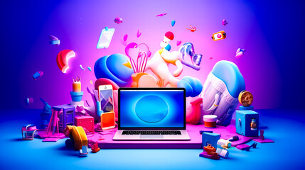 Open laptop computer sitting on top of table next to pile of objects.