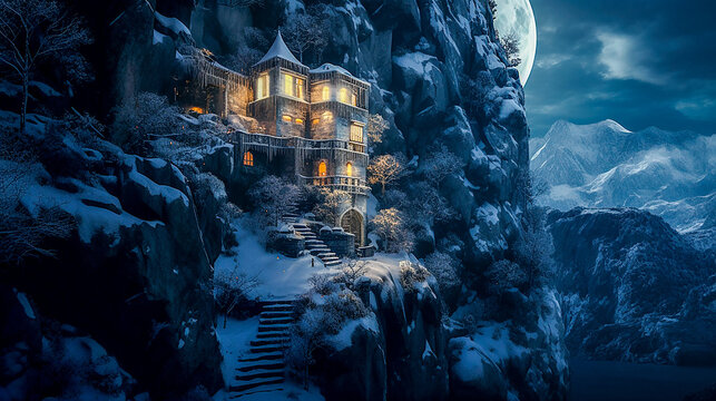 Cozy wooden house in snowy mountens under full moon, Generative AI illustration