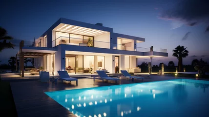 Fototapeten 3d rendering of modern cozy house with pool and parking for sale or rent in luxurious style by the sea or ocean at night. Clear summer evening with soft light from window. generativa IA © Victor