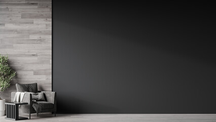 Livingroom or office in gray and black colors. Mockup empty dark room interior paint wall. Design in minimalist modern style. Graphite chair and wooden accent. Background for art. 3d render 