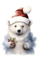 a small illustration of a smiled christmas bear on a white background, in the style of cute and dreamy, children's storybook design. generative AI