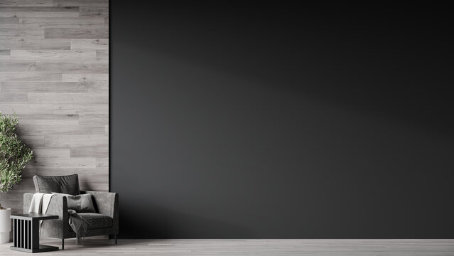 Livingroom or office in gray and black colors. Mockup empty dark room interior paint wall. Design in minimalist modern style. Graphite chair and wooden accent. Background for art. 3d render 