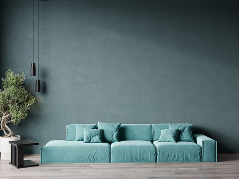 Premium luxury living with cyan color sofa velor and tiffany or turquoise, teal, azure mint microcement wall. Minimalist interior design home or office lounge. Empty mockup wall for art. 3d render 