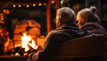 Vista trasera de pareja de ancianos sentada frente a una chimenea