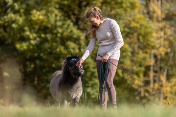 Natural Horsemanship concept: Cute portrait of a young woman and her pony working and interacting...