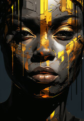 Black and yellow female face in the style of split toning. Optical illusion body art concept. AI generative