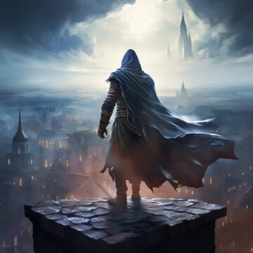 Portrait of a cloaked assassin standing on a rock outcrop surveying a medieval town.